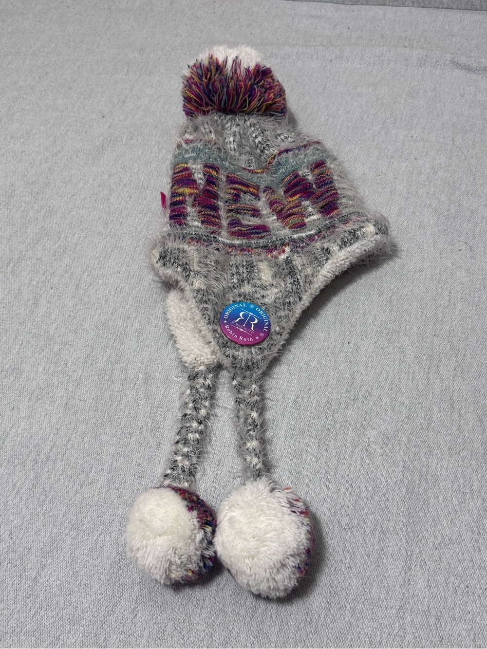 Robin Ruth Gray Earflap Pom-Pom Beanie with Multicolor Accents